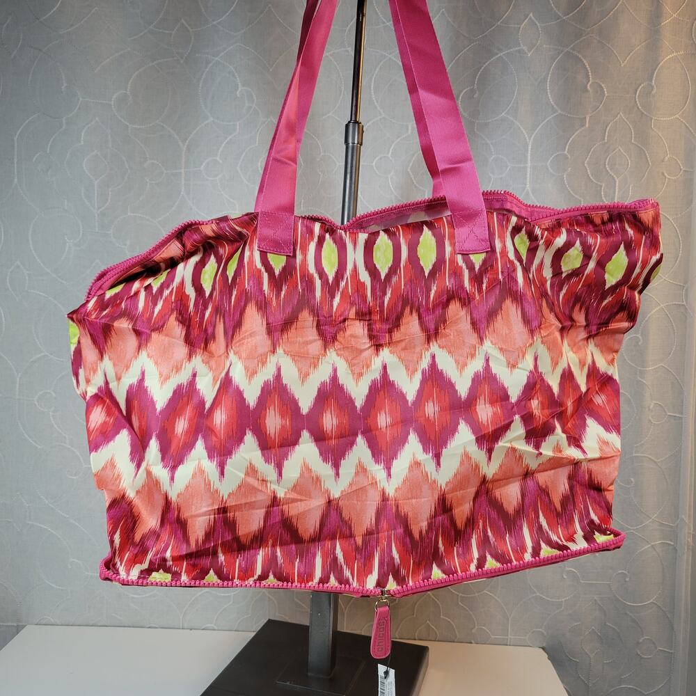 Chico's Tote Fold-Up Bag Large Pink Ikat Print Packable Zipper Double Strap NEW